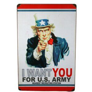 Vintage 1940s U.S. Army Recruitment Metal Sign With Uncle Sam Illustration